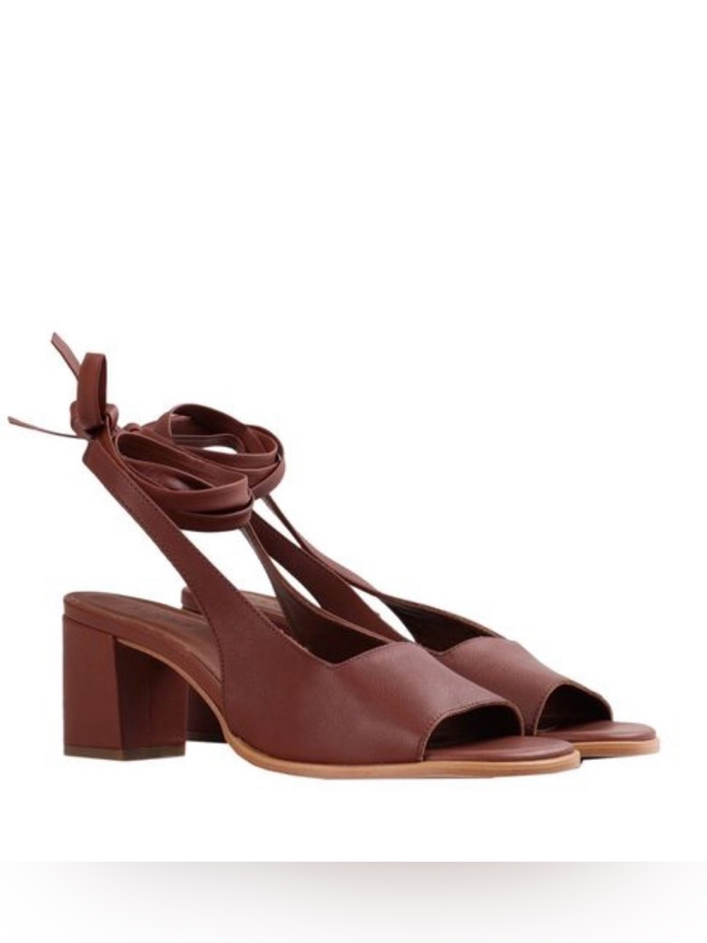 ALOHAS Women’s Brown Block Heel Leather Sandal with Ankle Tie